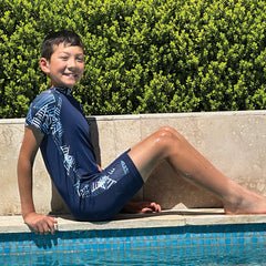 model wearing swimsuit next to swimming pool - side view