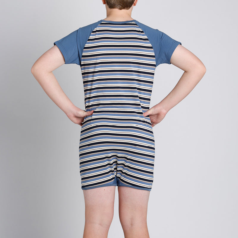 Blue Stripe Tummy Access Short Sleeve  |  Wonsie - Wonsie  |  Clothing for Special Needs