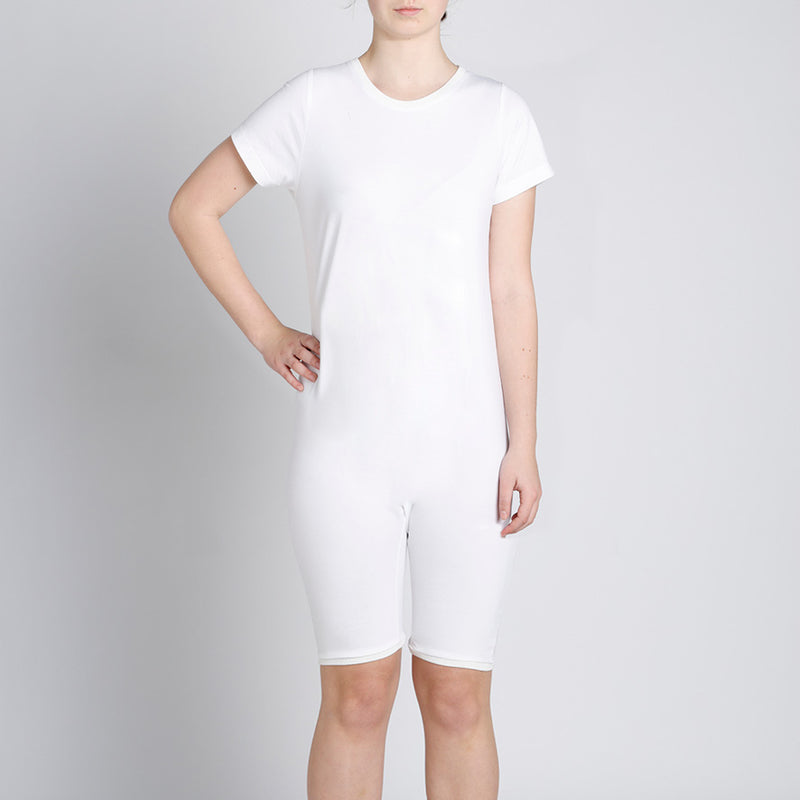 White Zip Back Short Sleeve/knee length Jumpsuit  |  Wonsie