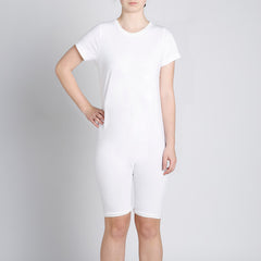 White Zip Back Short Sleeve/knee length Jumpsuit  |  Wonsie