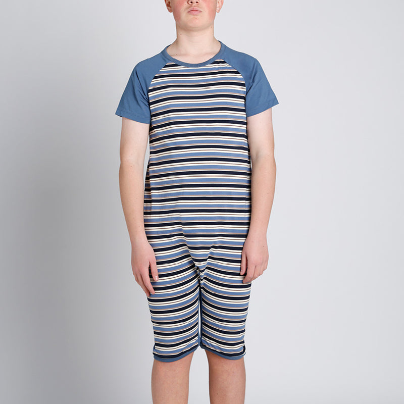 Blue Stripe Zip Back Short Sleeve/knee length Jumpsuit  |  Wonsie - Wonsie  |  Clothing for Special Needs