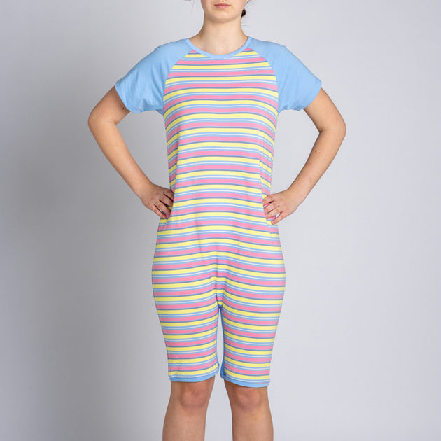 Pink Stripe Zip Back Short Sleeve/knee length Jumpsuit | Wonsie ...