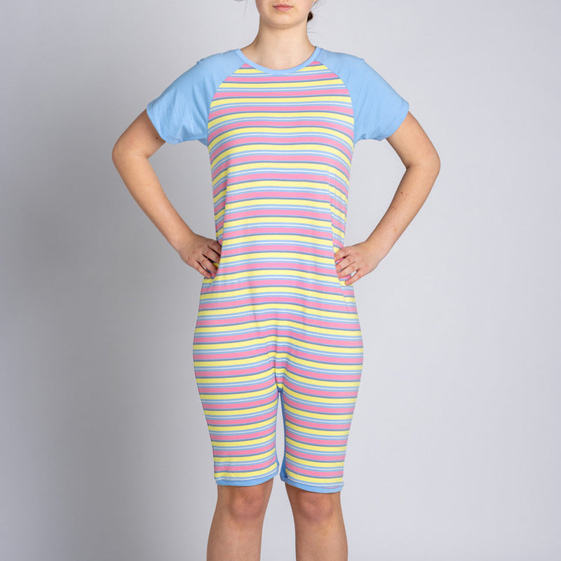 Pink Stripe Zip Back Short Sleeve/knee length Jumpsuit  |  Wonsie - Wonsie  |  Clothing for Special Needs