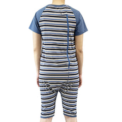 Blue Stripe Zip Back Short Sleeve/knee length Jumpsuit  |  Wonsie