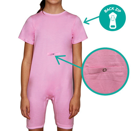 ***NEW*** Pink Tummy Access Back Zip - Short Sleeve/knee length Jumpsuit  |  Wonsie - Wonsie  |  Clothing for Special Needs